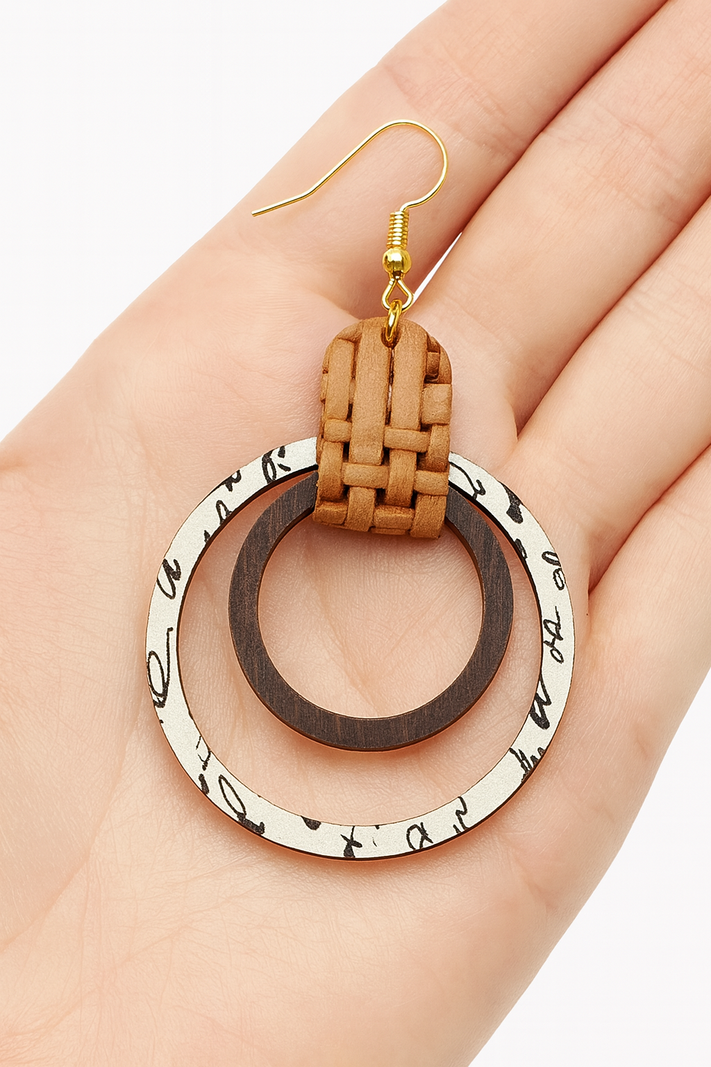 Woven Leather & Wood Circle Earrings