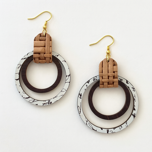 Woven Leather & Wood Circle Earrings