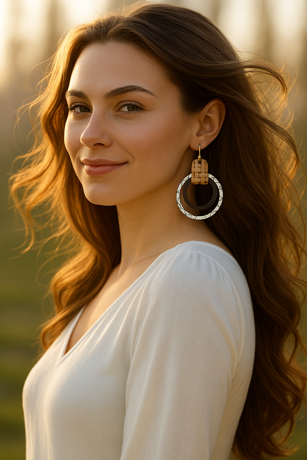 Woven Leather & Wood Circle Earrings