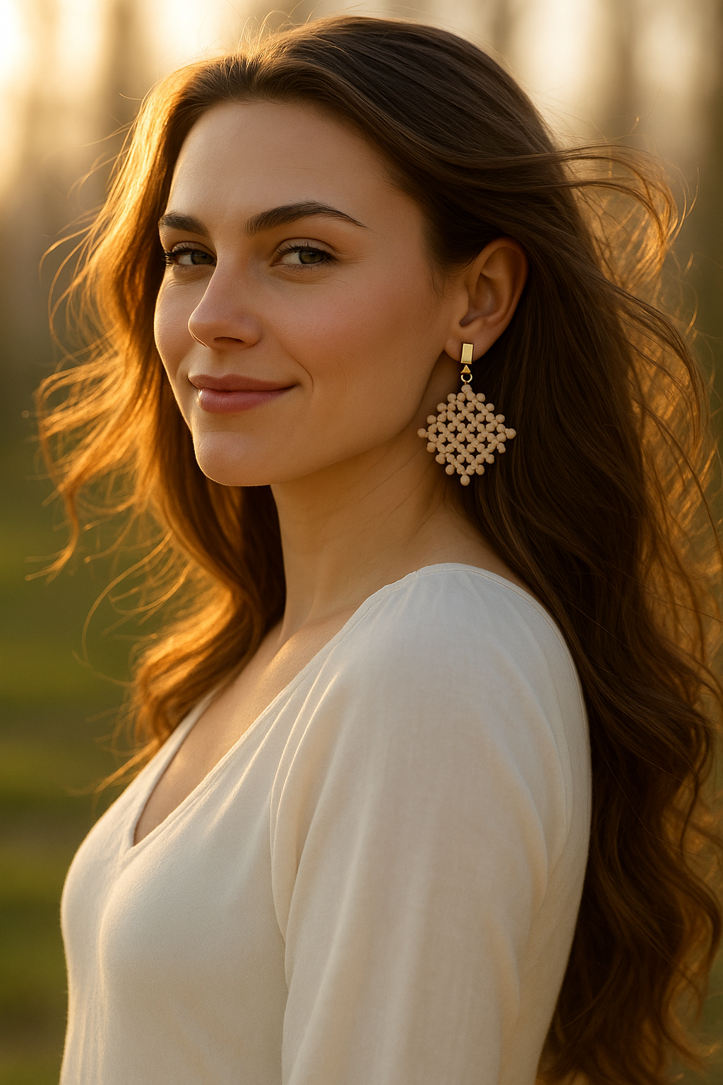 Squared Buff Wooden Seed Bead Earrings